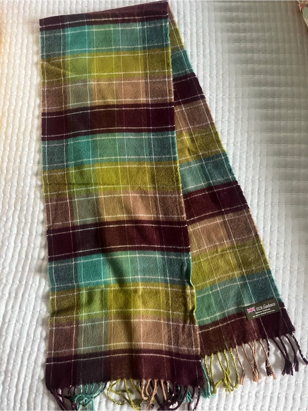 Plaid Cashmere Scarf in Teal, Olive & Burgundy - from Scotland